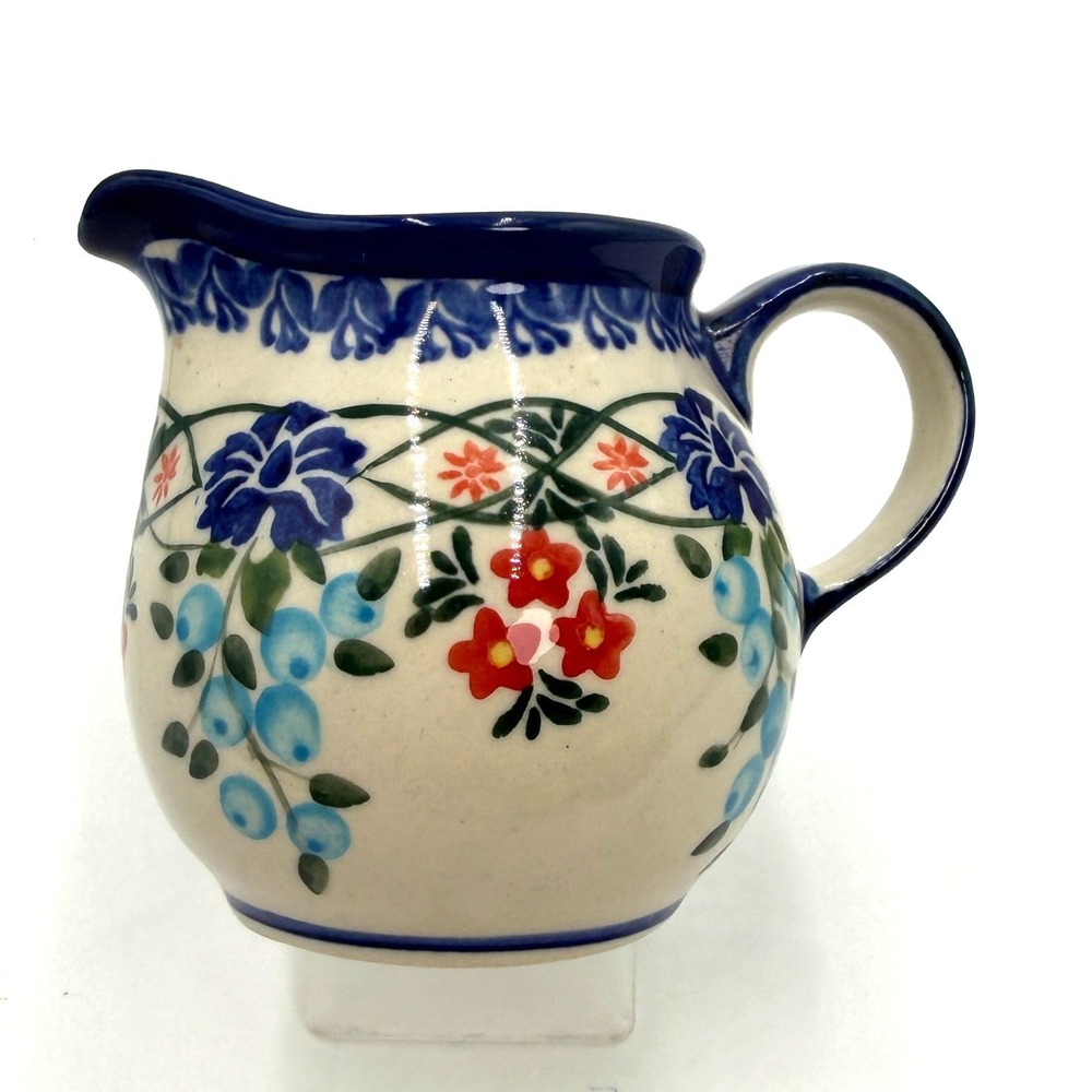 Kalich Boleslawiec Polish Pottery Creamer Unikat Floral Blue 3in Small Pitcher